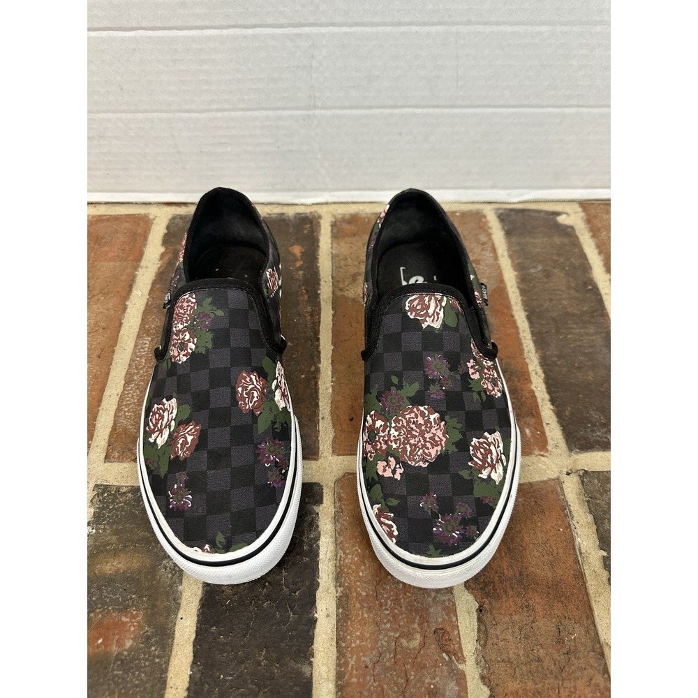 Vans Classic Black Pink Slip-On Casual Shoes Floral Checkerboard Women's 8.5 - Picture 2 of 6